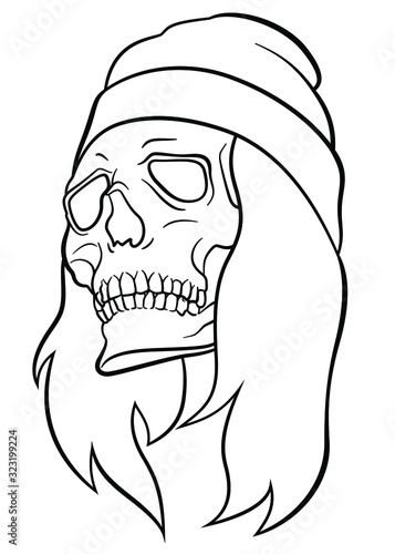 Vector illustration skelleton skull head with hat and hair. For rock, punk or metal music cover image. Hipster and skater modern style. Halloween print for decoration and t-shirt printing.