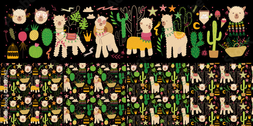 Composition with alpaca and cacti. flowers and plants. Vector graphics