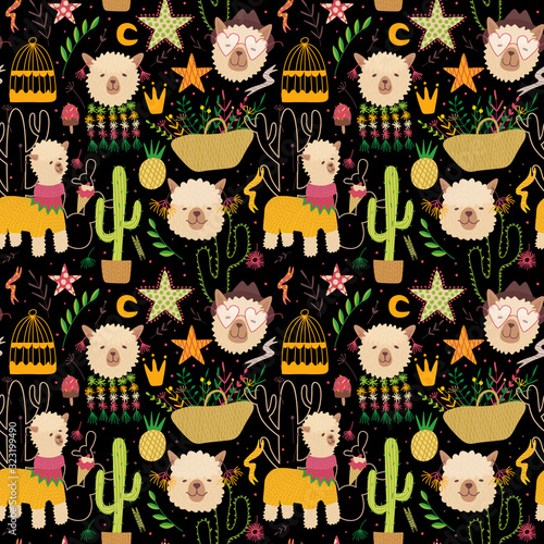 Composition with alpaca and cacti. flowers and plants. Vector graphics