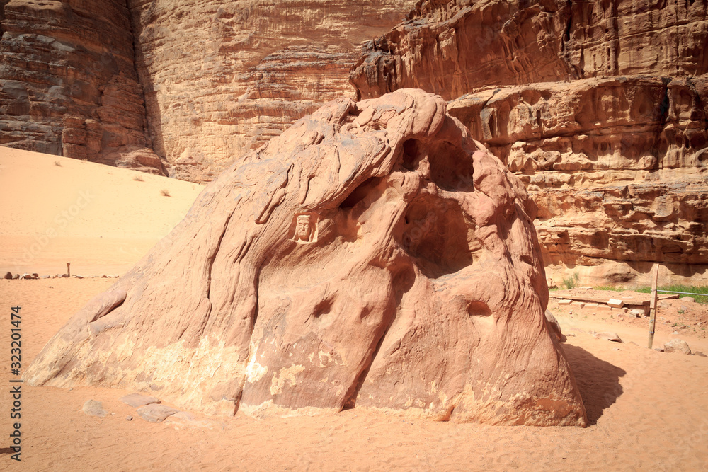Lawrence of Arabia head carved into the stone in Wadi Rum desert, Jordan Lawrence of Arabia head carved into the stone in Wadi Rum desert, Jordan