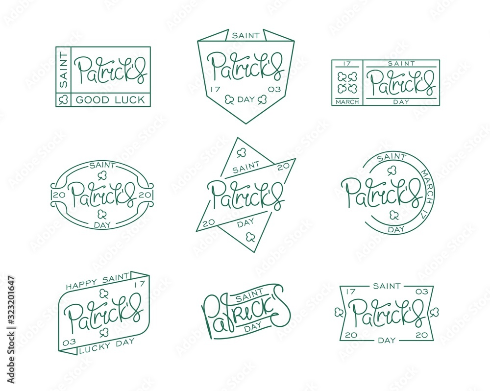 Obraz premium Set of line art labels for Saint Patrick's day . Handwritten lettering. Creative thin line calligraphy bundle. Vector