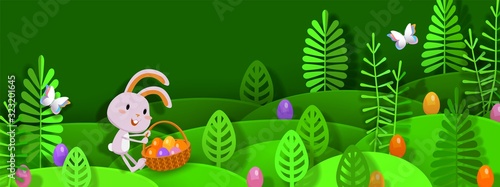 Happy Easter 3d papercut layered design with funny rabbit, Easter eggs, basket, stylized trees, multilayered effect. Vector illustration for website, poster, promotion, ad, coupon, banner, flyer