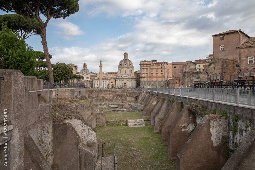 Panoramic view of Trajan's Forum and Column in Rome, far away the Church