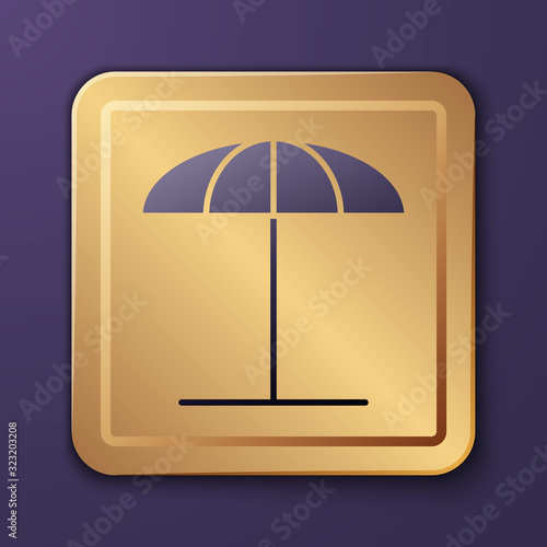 Purple Sun protective umbrella for beach icon isolated on purple background. Large parasol for outdoor space. Beach umbrella. Gold square button. Vector Illustration