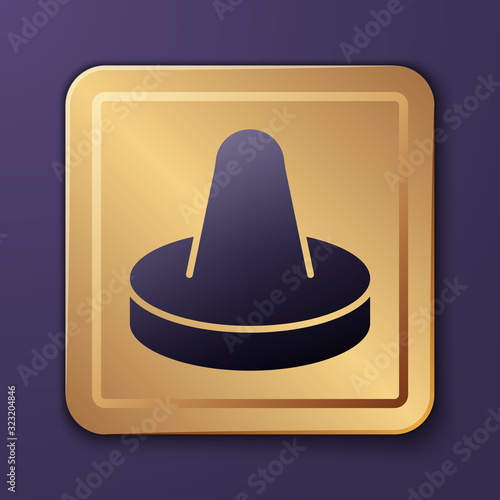 Purple Mallet and puck for playing air hockey game icon isolated on purple background. Gold square button. Vector Illustration