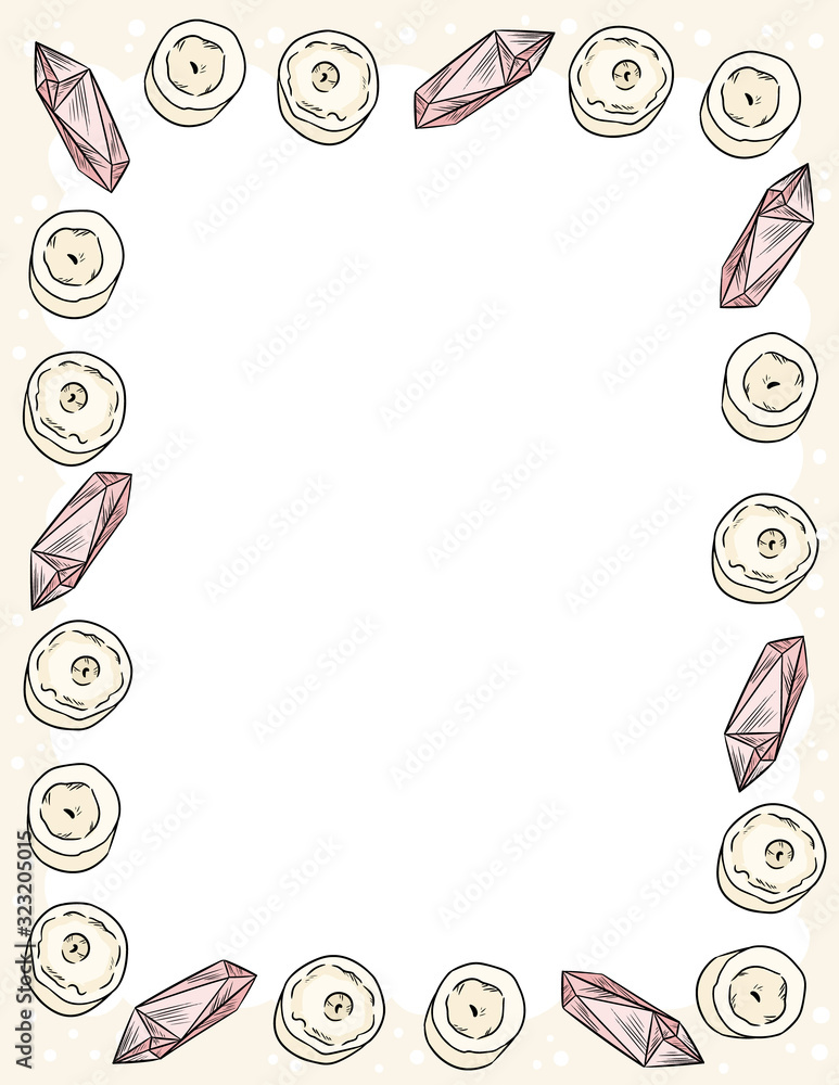 Candles and quartz crystals ornament in comic style doodles top view postcard template. Letter format banner with place for your text. Cozy boho poster ornament. Stationary mockup Candles and quartz crystals ornament in comic style doodles top view postcard template. Letter format banner with place for your text. Cozy boho poster ornament. Stationary mockup
