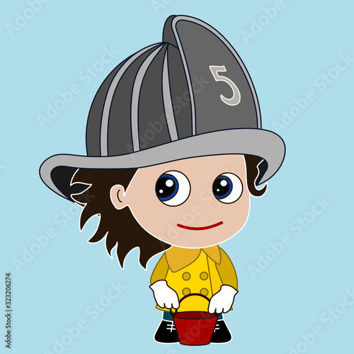 Emoticon with a fireman boy in a yellow raincoat and a fire helmet, firefighter stands and holding a red bucket in his hand