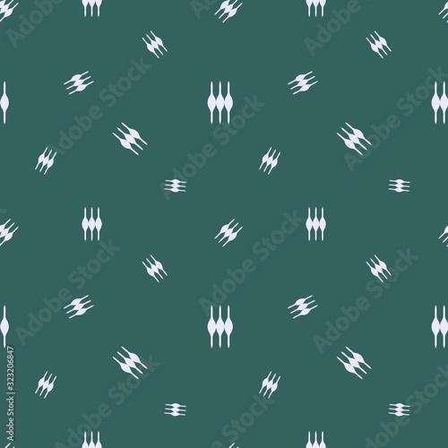 Abstract vector seamless pattern of white dashes on a blue-green background. Extension cord in the middle of a stick. Chaotic arrangement of elements for fabric, wallpaper, website, magazine