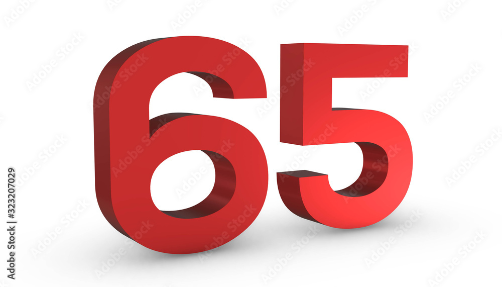 Number 65 Sixty Five Red Sign 3D Rendering Isolated on White Background Number 65 Sixty Five Red Sign 3D Rendering Isolated on White Background