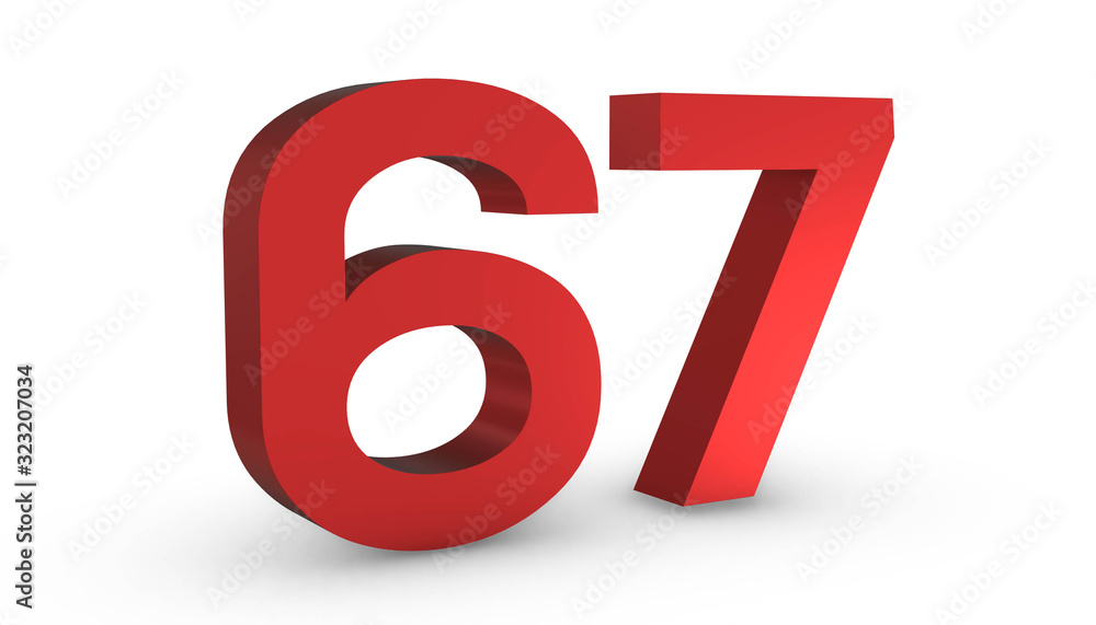 Number 67 Sixty Seven Red Sign 3D Rendering Isolated on White Background Number 67 Sixty Seven Red Sign 3D Rendering Isolated on White Background