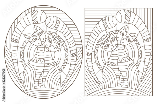 Set of outline illustrations in the style of stained glass with abstract cats , dark outlines on white background