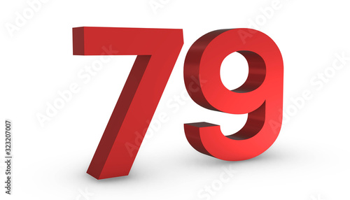 Number 79 Seventy Nine Red Sign 3D Rendering Isolated on White Background photo