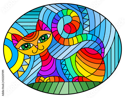 Illustration in stained glass style with abstract geometric cat and the sun on an abstract blue background, oval image