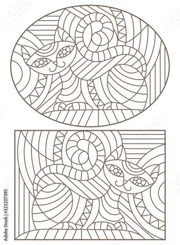 Set of outline illustrations in the style of stained glass with abstract cats , dark outlines on white background