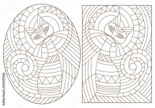 Set of outline illustrations in the style of stained glass with abstract cats , dark outlines on white background