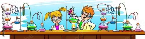 woman, work, banner, boy, cartoon, character, chemical, chemist, chemistry, child, children, class, concept, creative, discovery, education, equipment, experience, experiment, fun, girl, glasses, happ