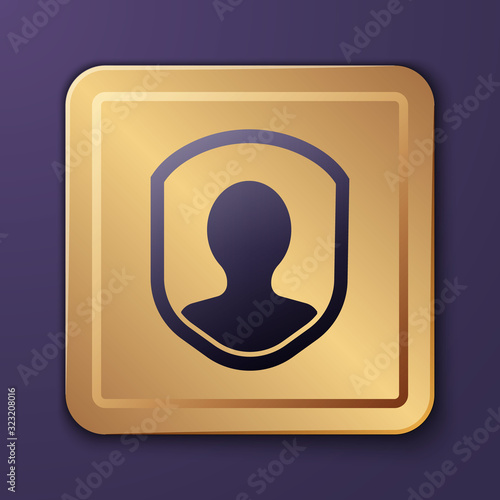 Purple User protection icon isolated on purple background. Secure user login, password protected, personal data protection, authentication. Gold square button. Vector Illustration