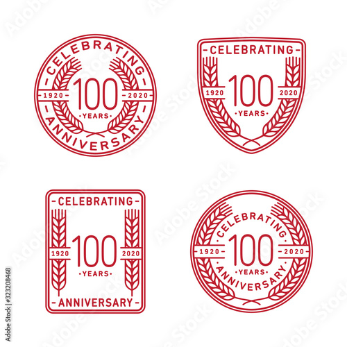 100 years anniversary celebration logotype. One hundredth anniversary logo collection. Set of anniversary design template. Vector and illustration.