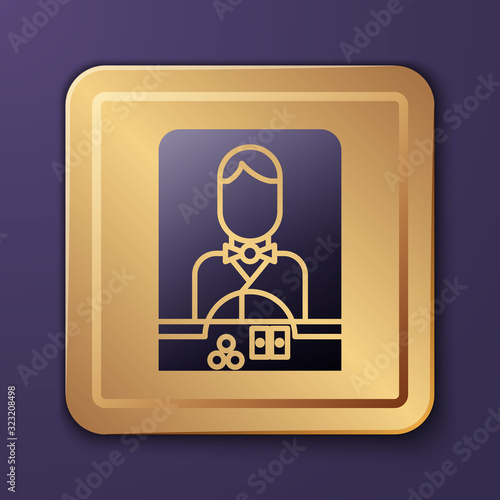 Purple Casino dealer icon isolated on purple background. Casino croupier. Gold square button. Vector Illustration