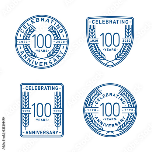 100 years anniversary celebration logotype. One hundredth anniversary logo collection. Set of anniversary design template. Vector and illustration.