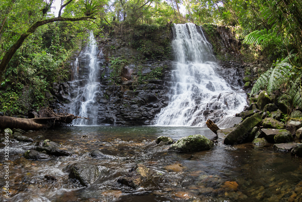 Twin waterfalls in Wet Tropics World Heritage Rainforest. 