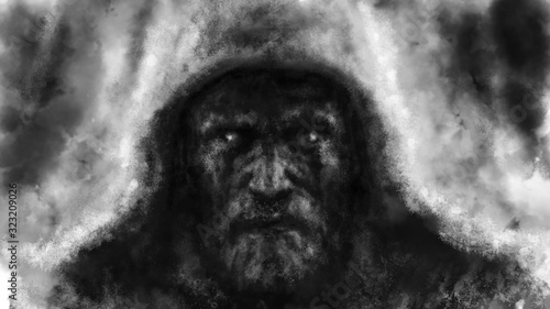 Konstfotografi The frightening face of a man in hood.