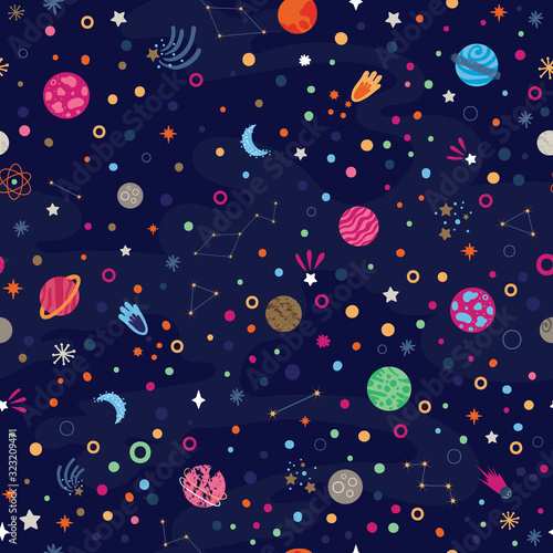Seamless pattern with colourful space with planets, comets, constellations and stars. Night sky hand drawn astronomical elements. Cool design unisex illustration for children collection.