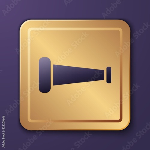 Purple Industry metallic pipe icon isolated on purple background. Plumbing pipeline parts of different shapes. Gold square button. Vector Illustration