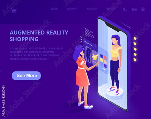 Augmented Reality. augmented reality online shopping. AR. The character uses a smartphone. Landing page template. 3d vector isometric illustration.