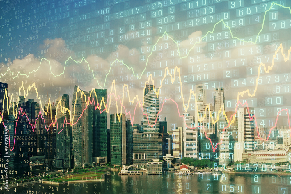 Forex chart on cityscape with skyscrapers wallpaper multi exposure. Financial research concept. Forex chart on cityscape with skyscrapers wallpaper multi exposure. Financial research concept.