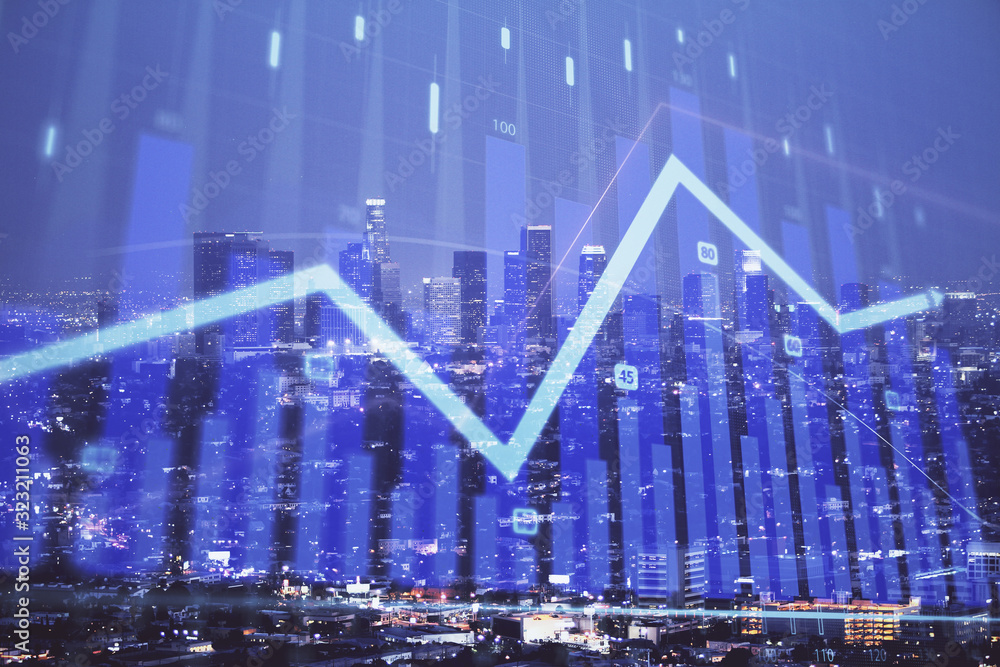 Financial graph on night city scape with tall buildings background double exposure. Analysis concept. Financial graph on night city scape with tall buildings background double exposure. Analysis concept.