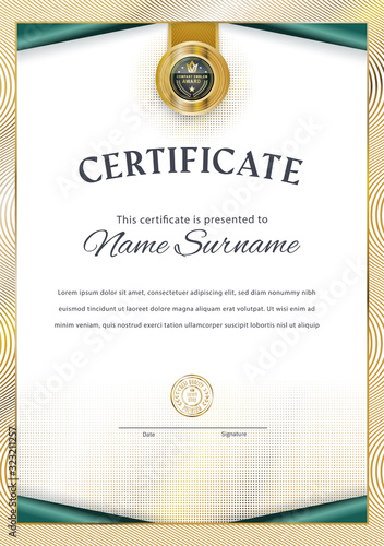 Official white certificate with vintage modern gold border and gold emblem. Business modern design.