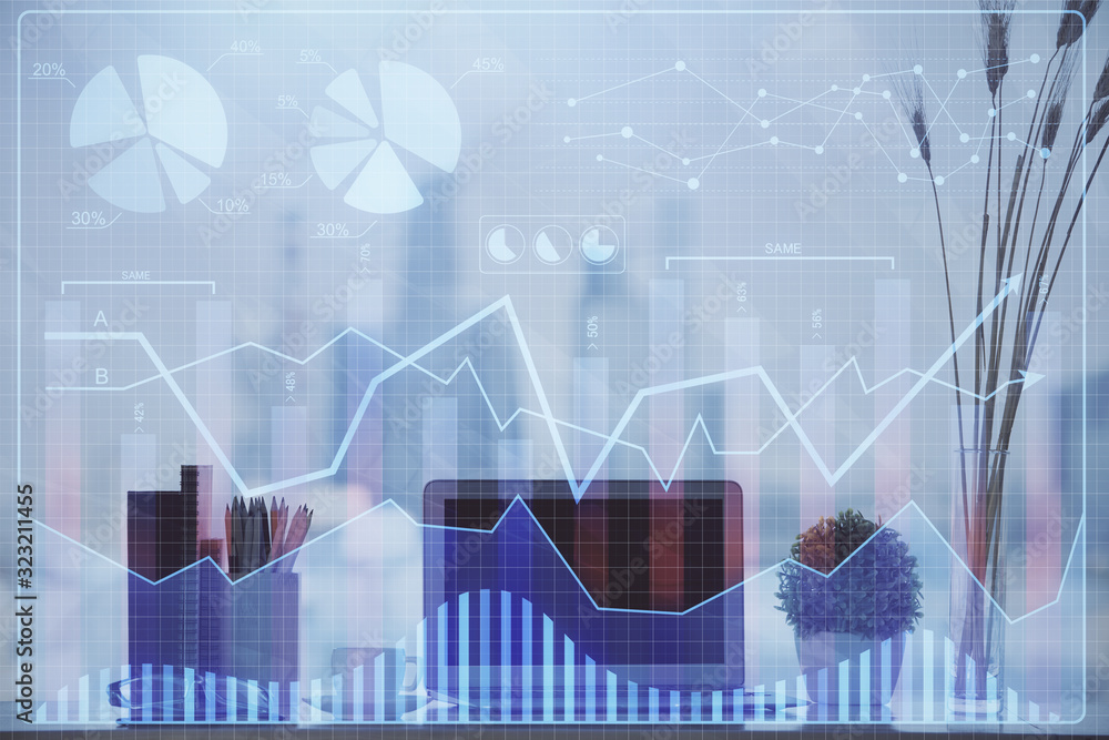 Stock market graph and table with computer background. Multi exposure. Concept of financial analysis. Stock market graph and table with computer background. Multi exposure. Concept of financial analysis.