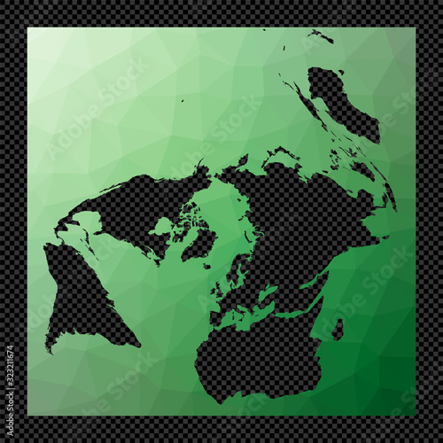Polygonal map of the world on a transparent background. Gringorten Quincuncial projection. Stencil shape geometric globe.