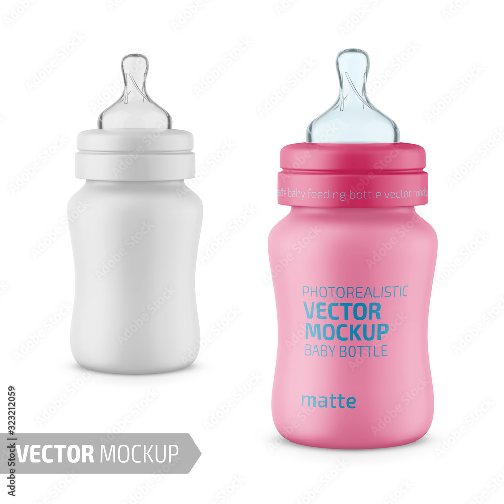White matte plastic baby bottle vector mockup.