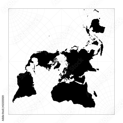 Black world map on white background. Peirce quincuncial projection. Plain world geographical map with graticule lines. Vector illustration.