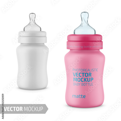 White matte plastic baby bottle vector mockup.