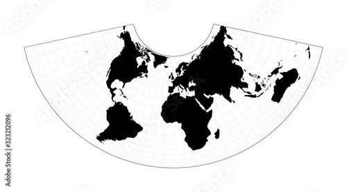 World map with latitude lines. Albers conic equal-area projection. Plain world geographical map with graticule lines. Vector illustration.