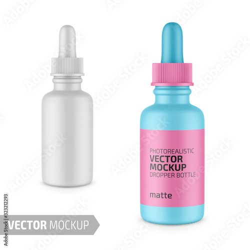 White matte plastic dropper bottle vector mockup.