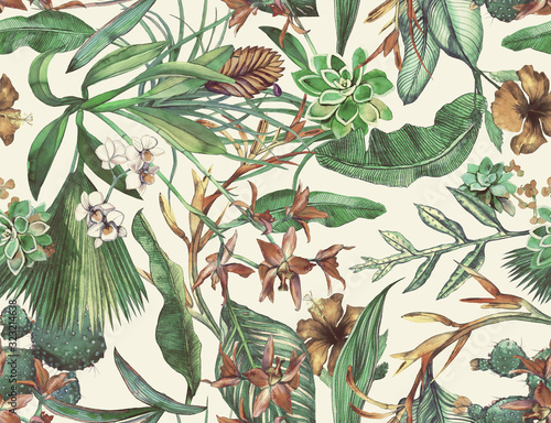 Tropisches nahtloses Muster mit tropischen Blumen, Bananenblättern. Gemalt in Aquarell auf weißem Hintergrund.