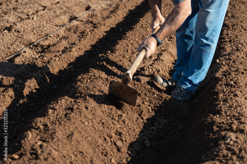 farmer preparing land with hoe to plant potatoes