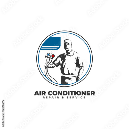 Air Conditioner Repair & Service with Technician Logo Vector Icon Illustration