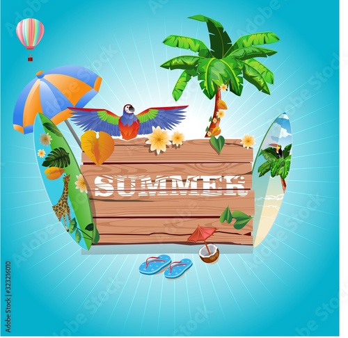  Summer Holiday Illustration  on tropical Blue Background. Tropical Plants  Flower  parrot  Air Balloon  Surf Board and Sunshade