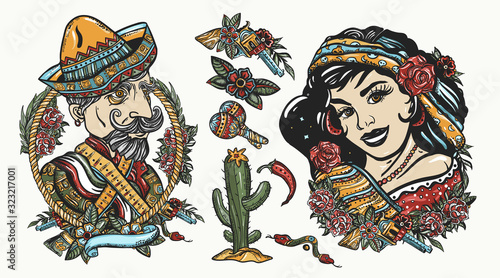 Mexico. Portrait of Mexican man in sombrero, cactus, castanets, beautiful girl in ethnic costume. National culture and people. Latin America. Old school tattoo vector collection