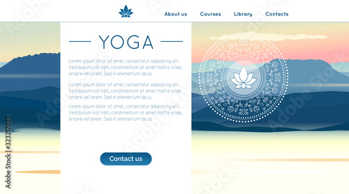 Vector yoga illustration with mountains landscape, ethnic pattern and sample text in gradient colors for use as a template of landing page for yoga center, studio, retreat or alternative medicine.