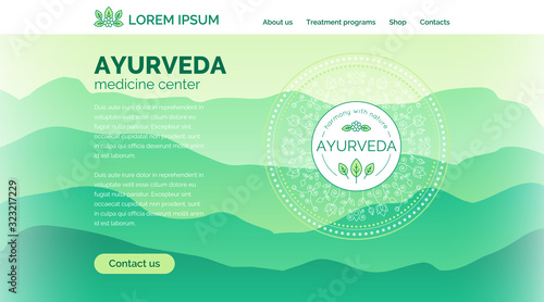 Vector Ayurveda illustration with mountains landscape, ethnic pattern and sample text in green colors for use as a template of landing page for ayurvedic medicine center, massage, SPA, Wellness.