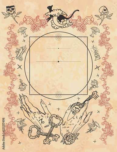 Halloween vintage background. Occult hands and black cats. Esoteric template. Dark gothic fairy tale style