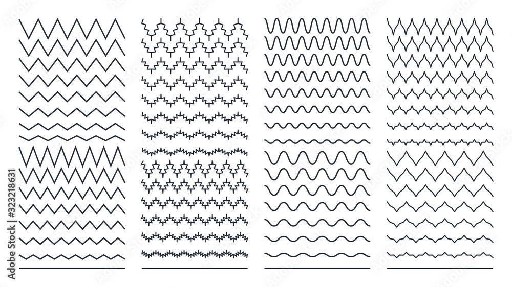 Set of Zigzag Wavy and Curvy Horizontal Lines. Flat Vector Design Template Elements