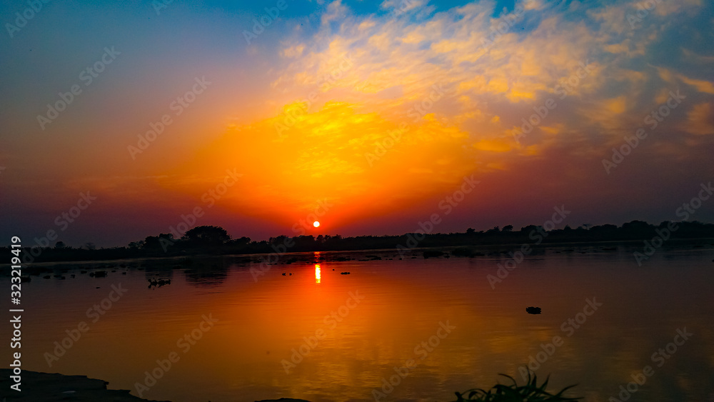 Dramatic sunset over Ganga river