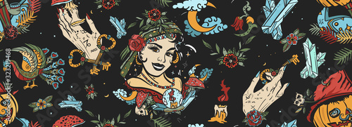 Dark gothic fairy tale background. Halloween seamless pattern. Old school tattoo style. Witch woman, gypsy, crystal ball, Jack O' Lantern, occult hands and black cats